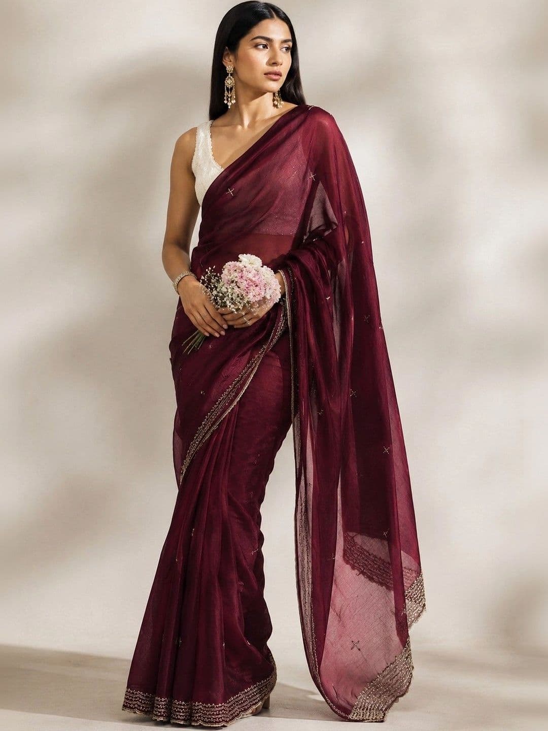 Sangria Floral Embroidered Satin Heavy Work Saree - view 1