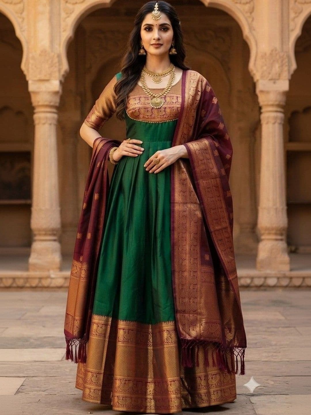 Kinjhit Fashion Embroidered Round Neck A-line Gown Dress thumbnail 2