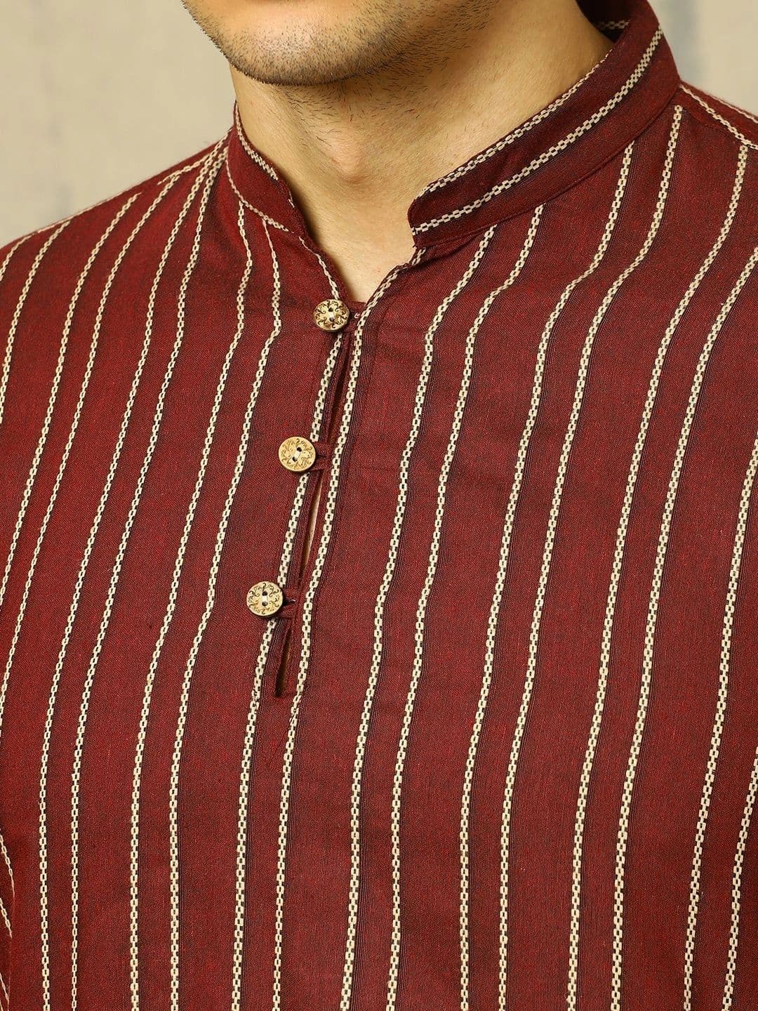 Navibhu Woven Design Striped Cotton Handloom Mandarin Collar Short Kurta thumbnail 2