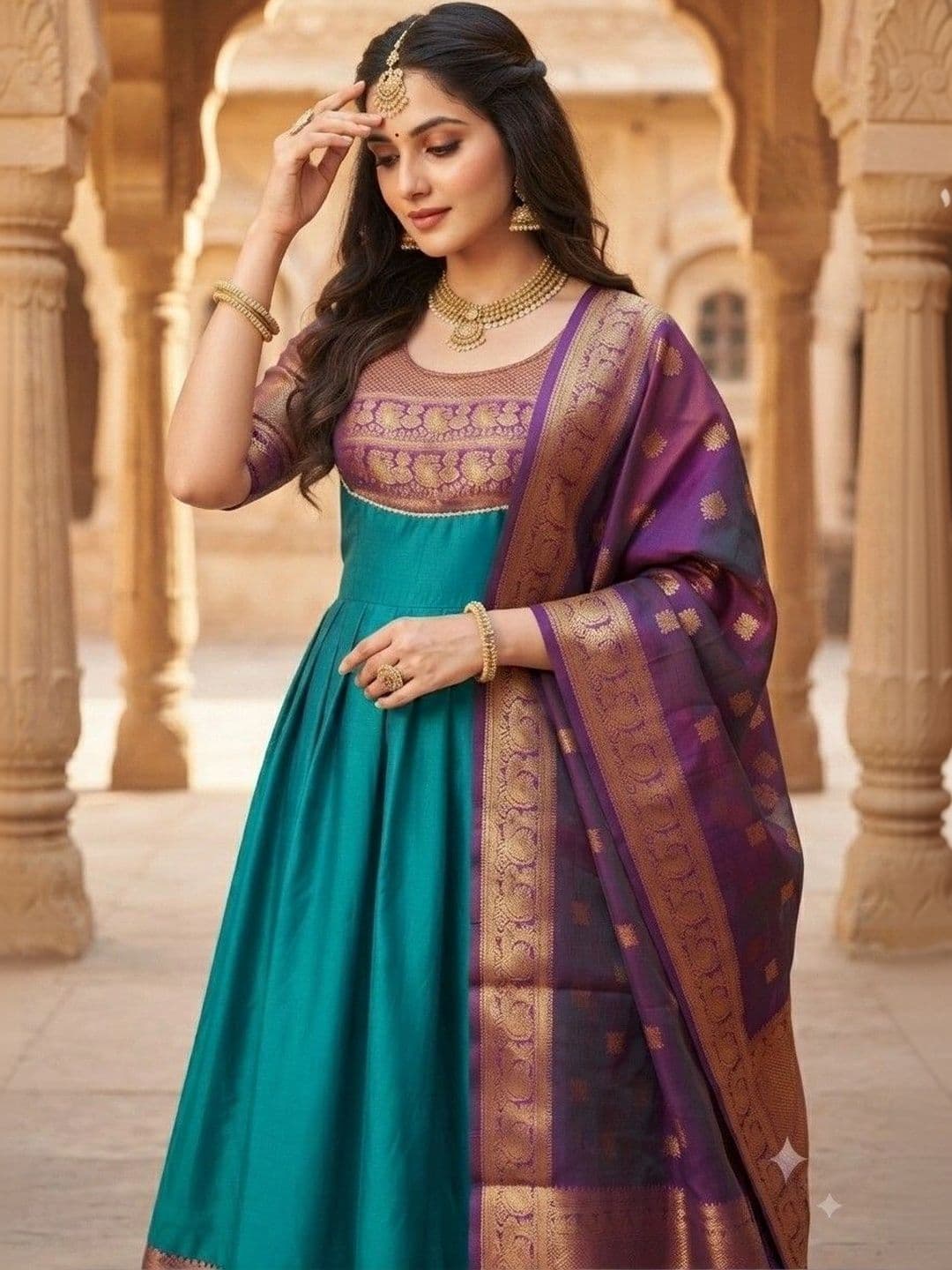 Kinjhit Fashion Embroidered Round Neck A-line Gown Dress thumbnail 2