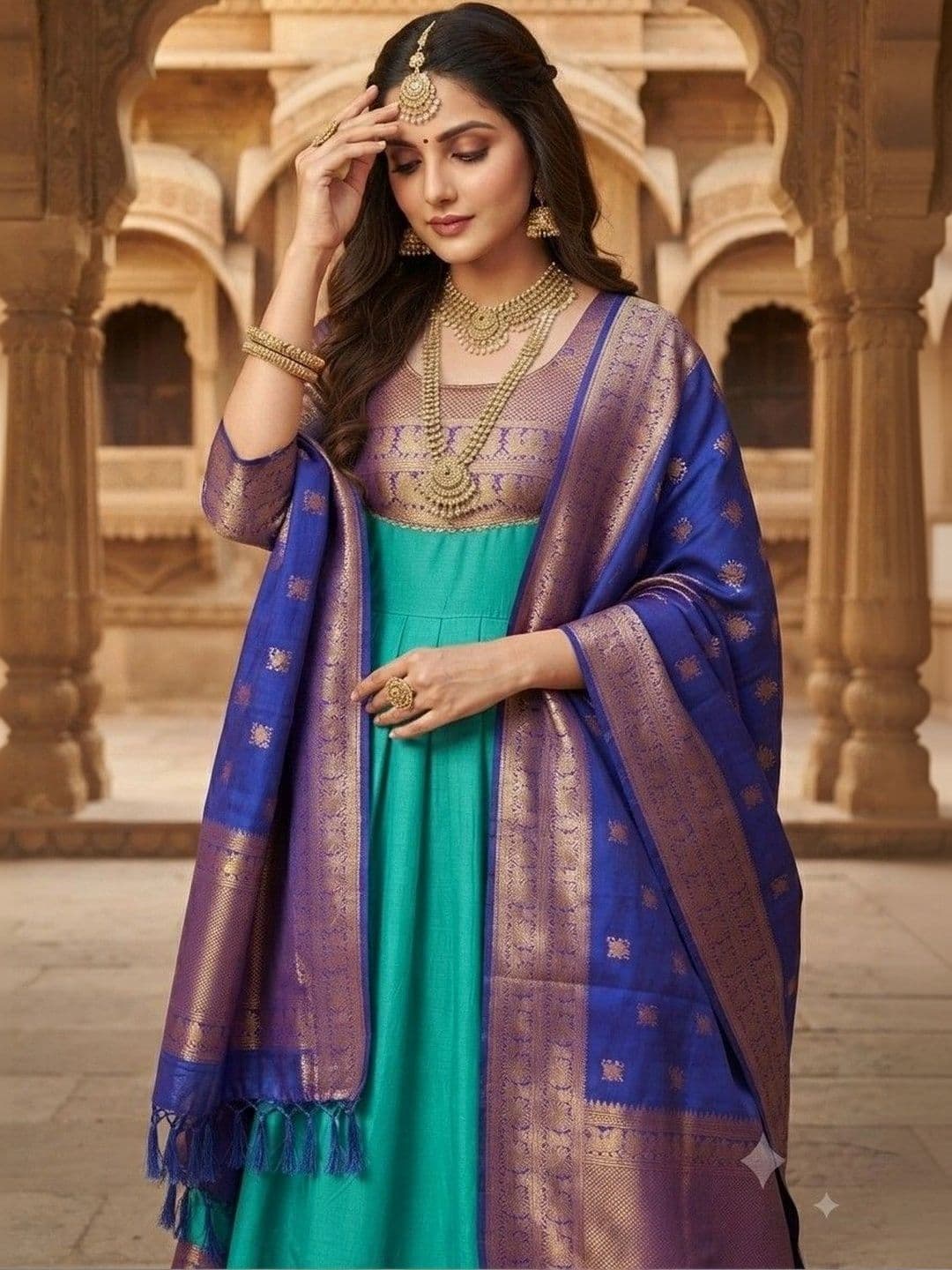 Kinjhit Fashion Embroidered Round Neck A-line Gown Dress thumbnail 3