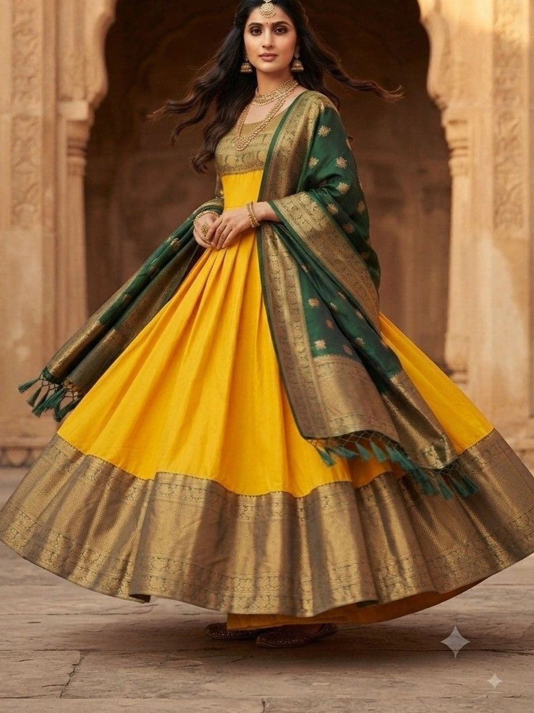 Kinjhit Fashion Embroidered Round Neck Jacquard A-line Gown Dress with Dupatta thumbnail 3