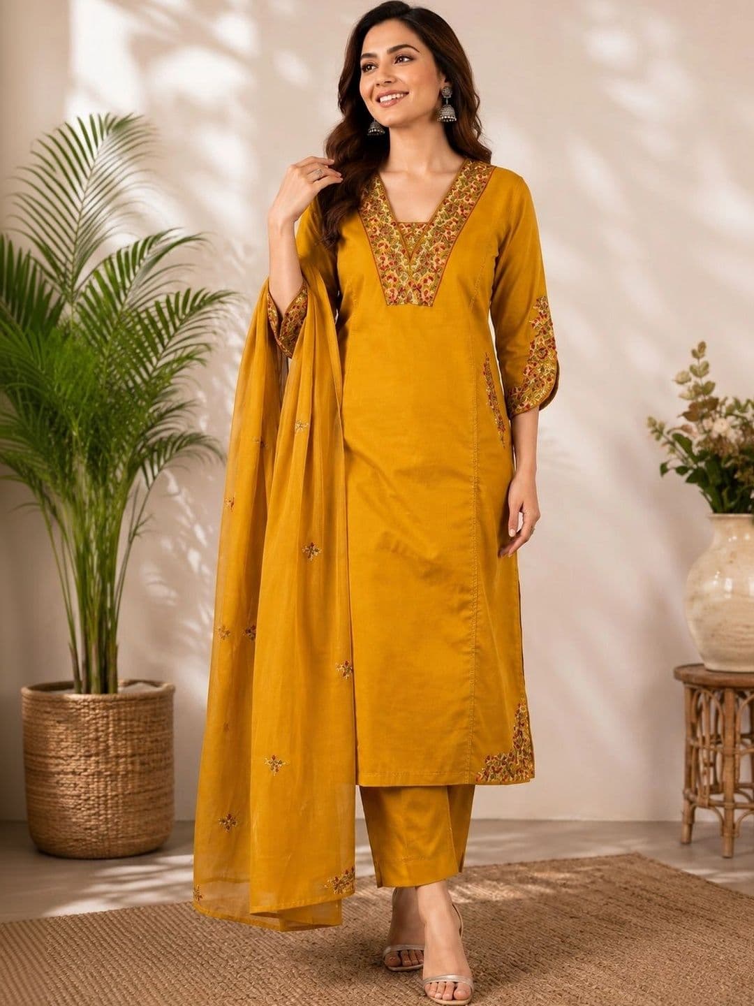 VASUPRADA Embroidered Regular Thread Work Pure Cotton Kurta with Trousers & With Dupatta - view 1
