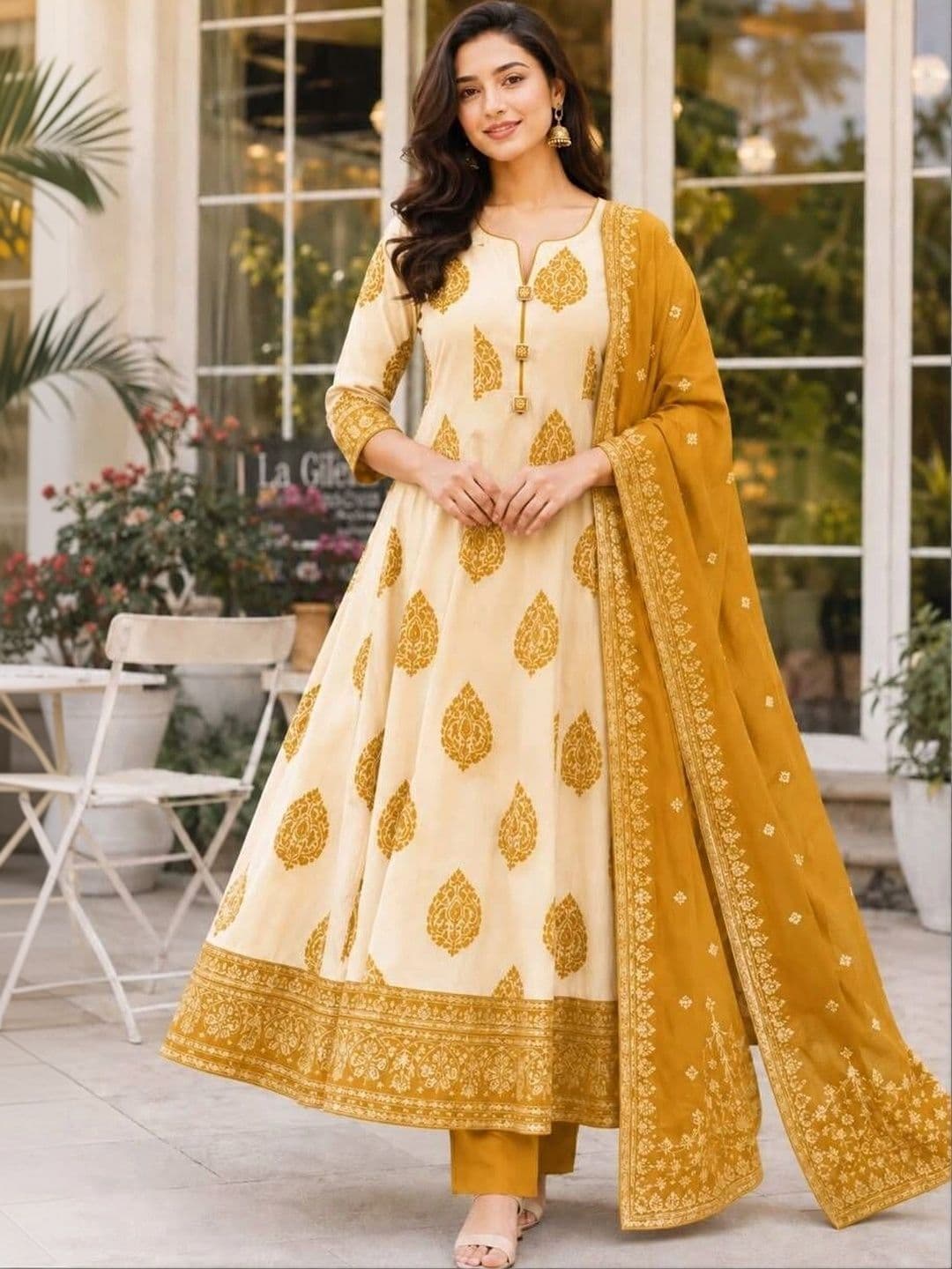 JAIMINI Women Ethnic Motifs Printed Empire Pure Cotton Kurta with Trousers & With Dupatta - view 1