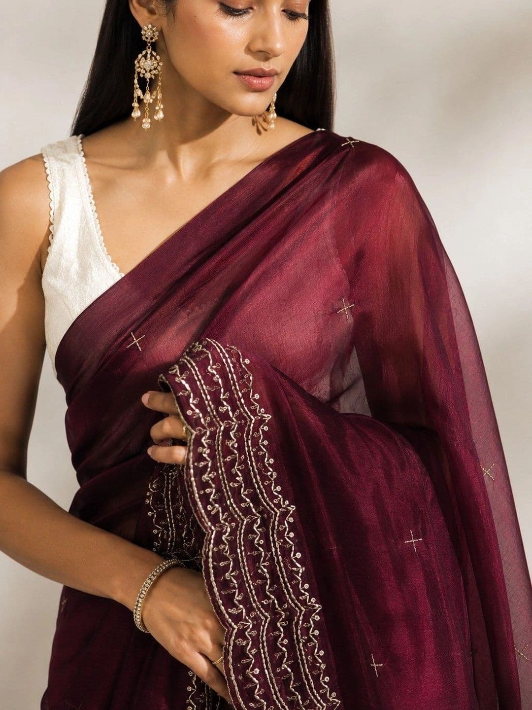 Sangria Floral Embroidered Satin Heavy Work Saree thumbnail 2