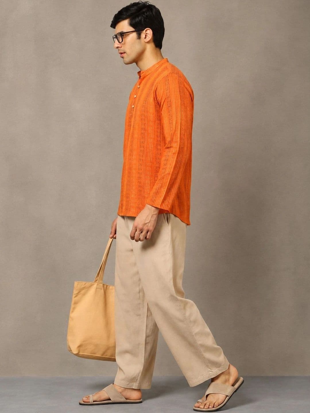 Navibhu Woven Design Striped Cotton Handloom Mandarin Collar Short Kurta thumbnail 3