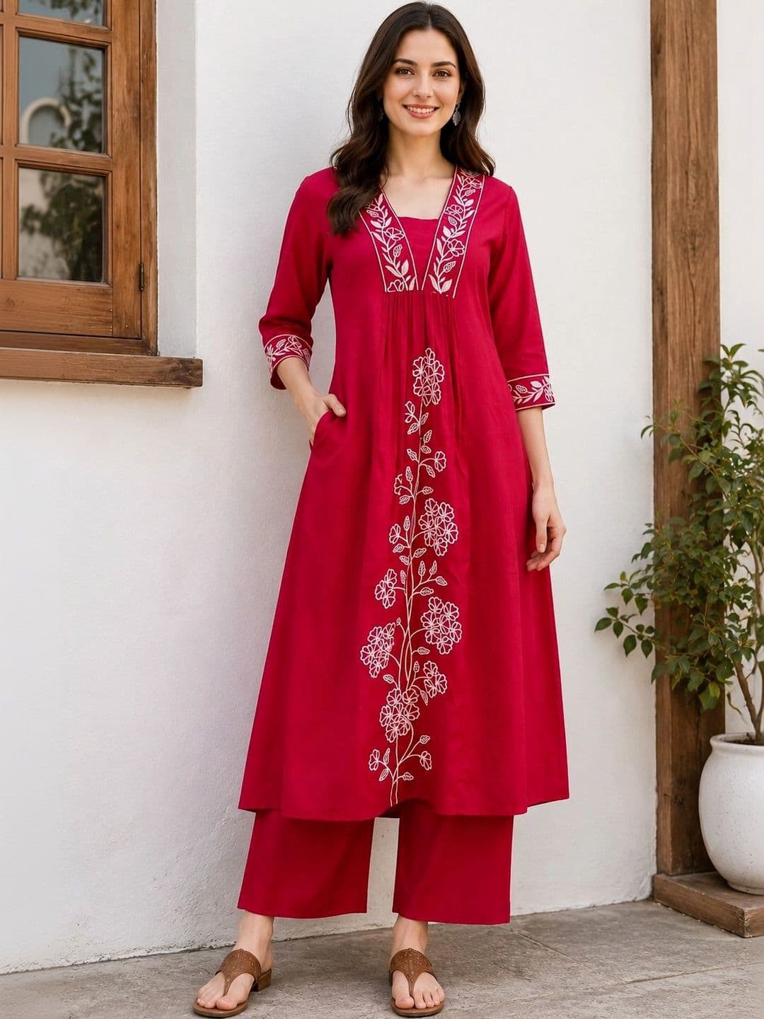 EVANORA Women Floral Embroidered Empire Thread Work Kurta with Palazzos - view 1