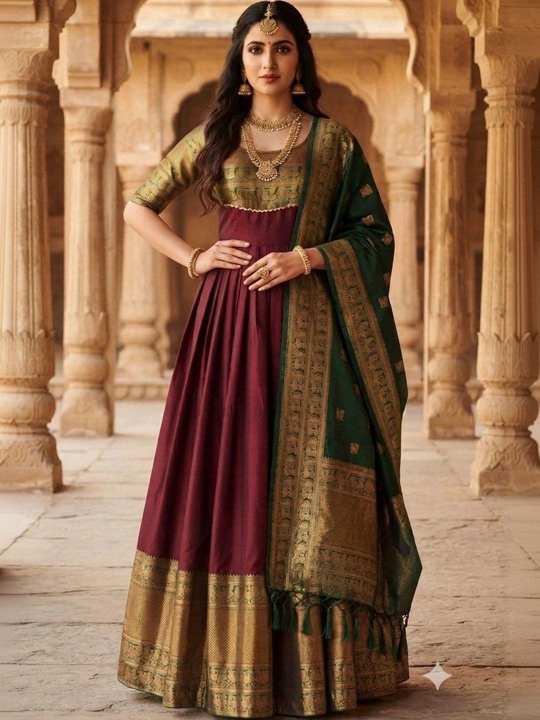 Kinjhit Fashion Embroidered Round Neck A-line Gown Dress thumbnail 3