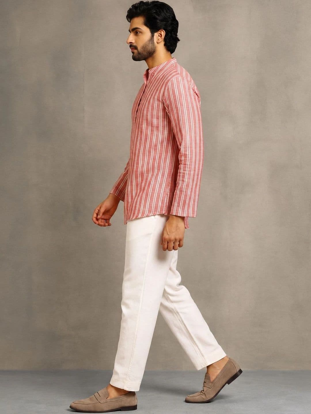 Navibhu Woven Design Striped Cotton Handloom Mandarin Collar Short Kurta thumbnail 3