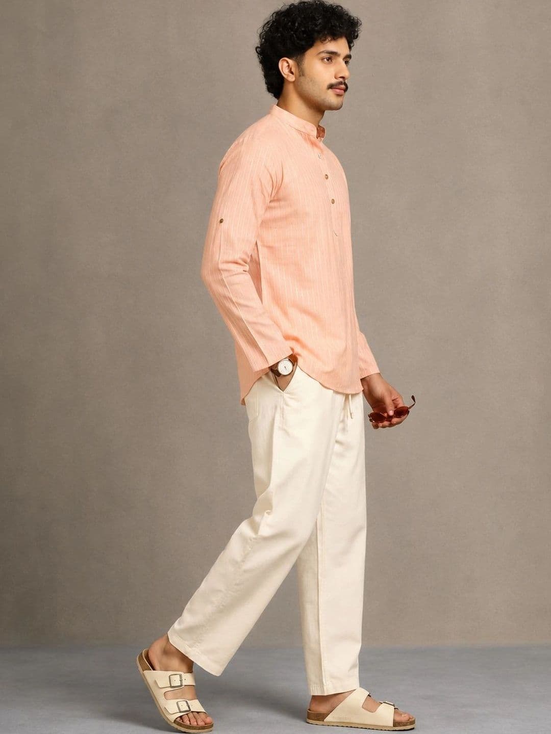 Navibhu Woven Design Solid Cotton Handloom Mandarin Collar Short Kurta thumbnail 3