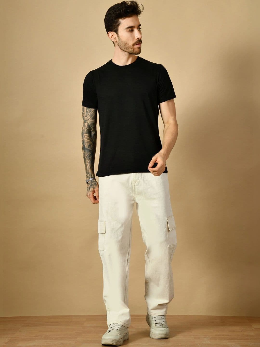 HERE&NOW Men's Beige Clean Look Baggy Wide-Leg Cargo Jeans thumbnail 5