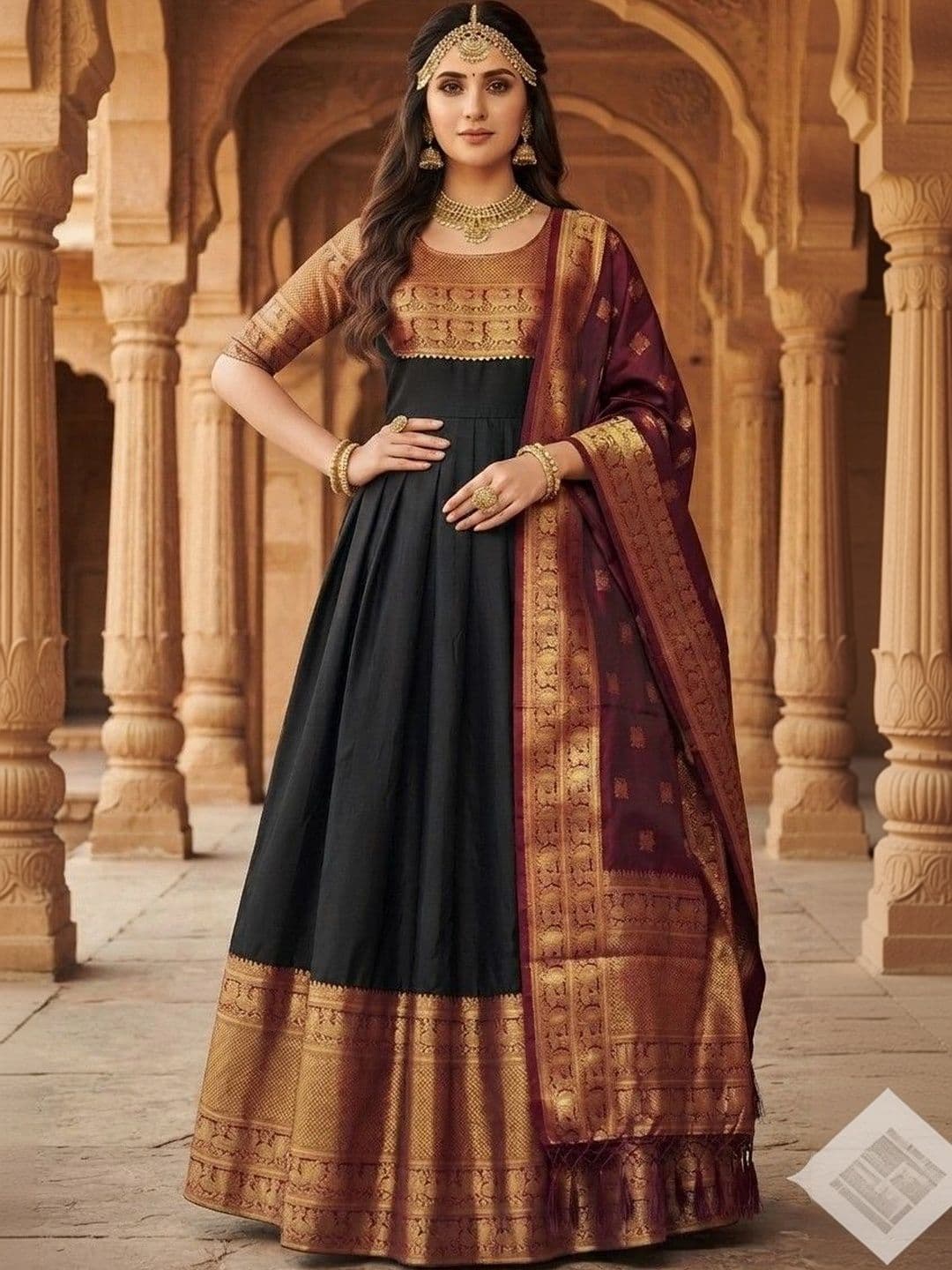 Kinjhit Fashion Embroidered Round Neck A-line Gown Dress - view 1
