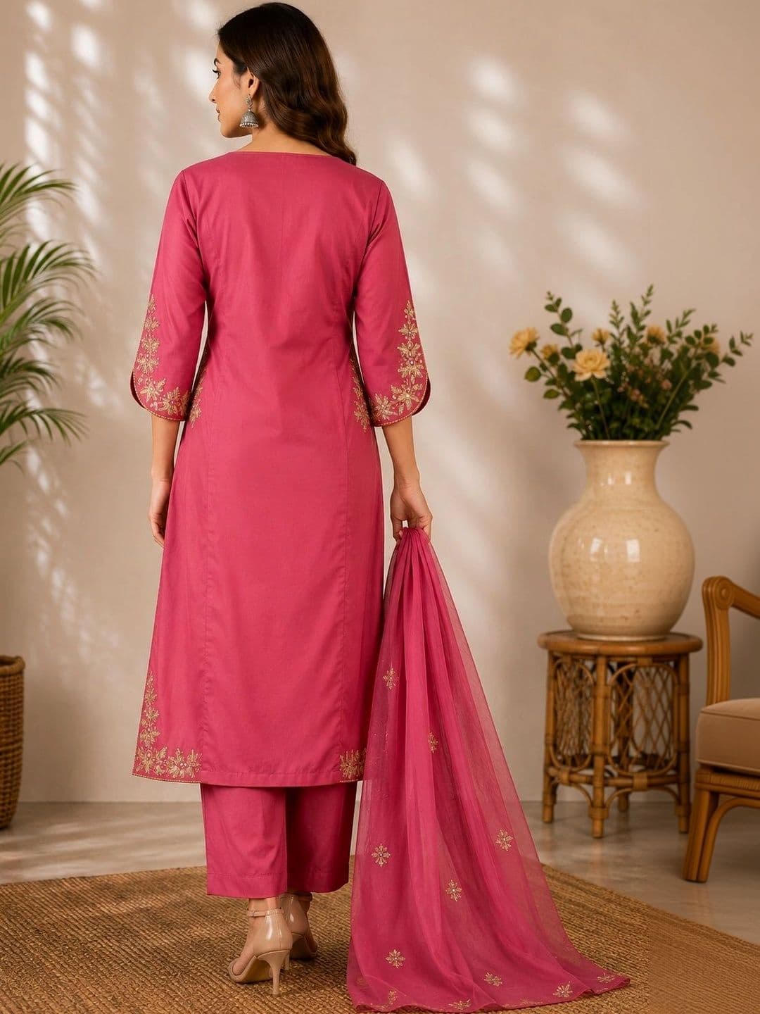 VASUPRADA Women Embroidered Thread Work Pure Cotton Kurta with Trousers & With Dupatta thumbnail 3