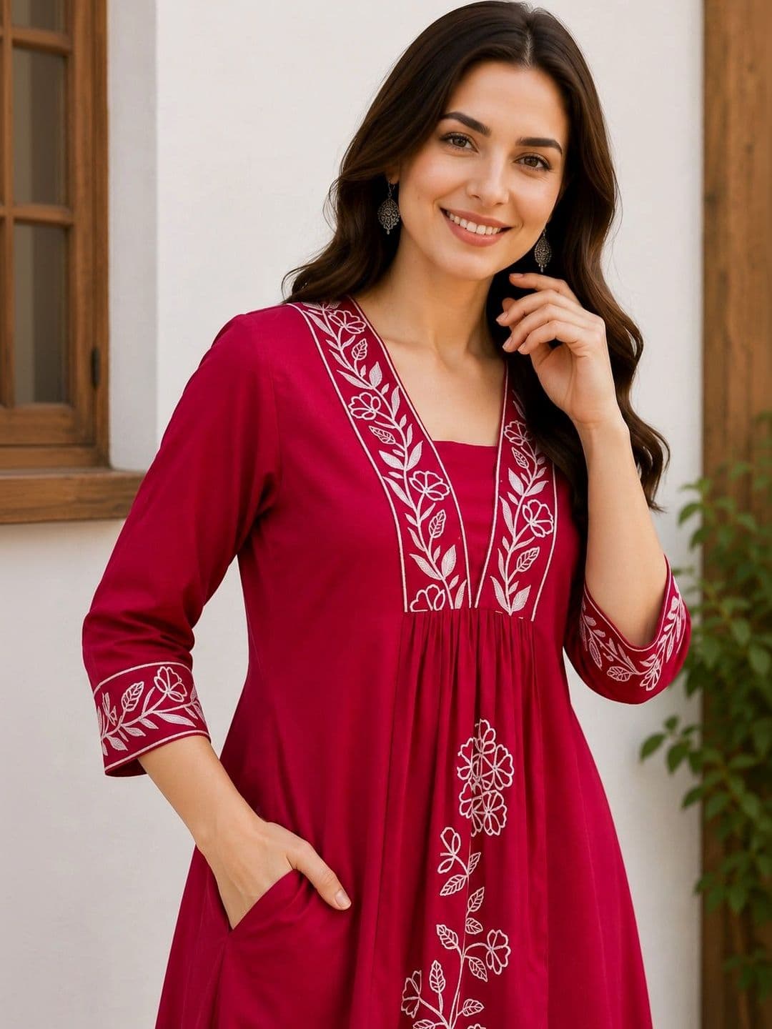 EVANORA Women Floral Embroidered Empire Thread Work Kurta with Palazzos thumbnail 3