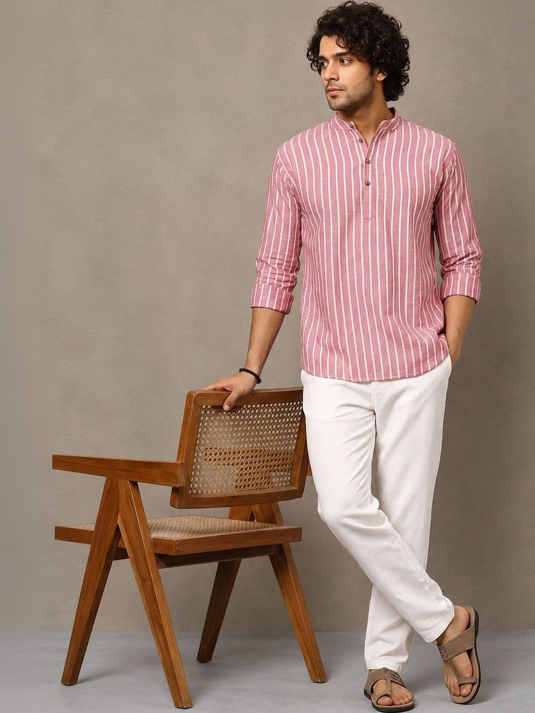 Navibhu Woven Design Striped Cotton Handloom Mandarin Collar Short Kurta - view 1