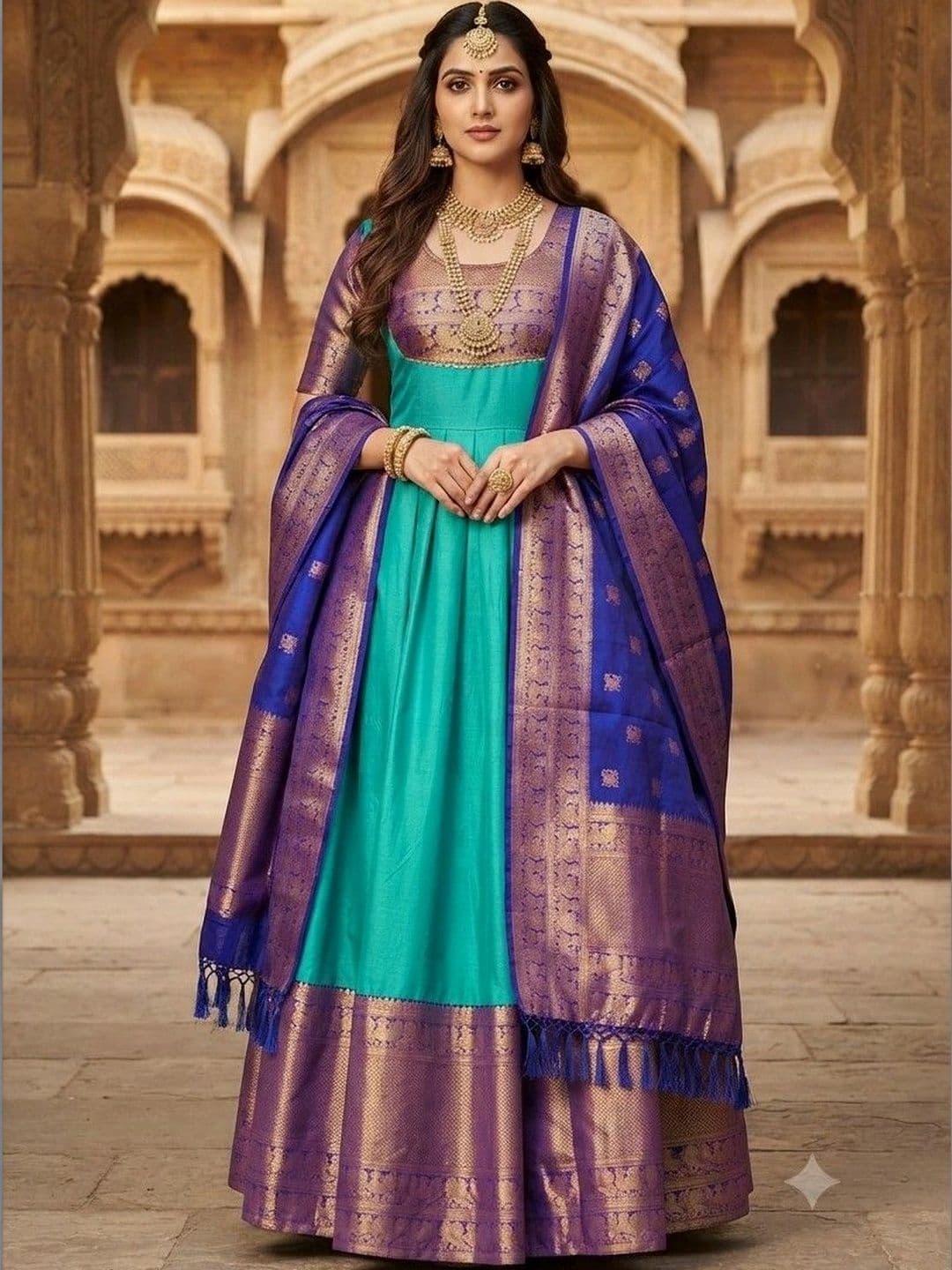 Kinjhit Fashion Embroidered Round Neck A-line Gown Dress thumbnail 2