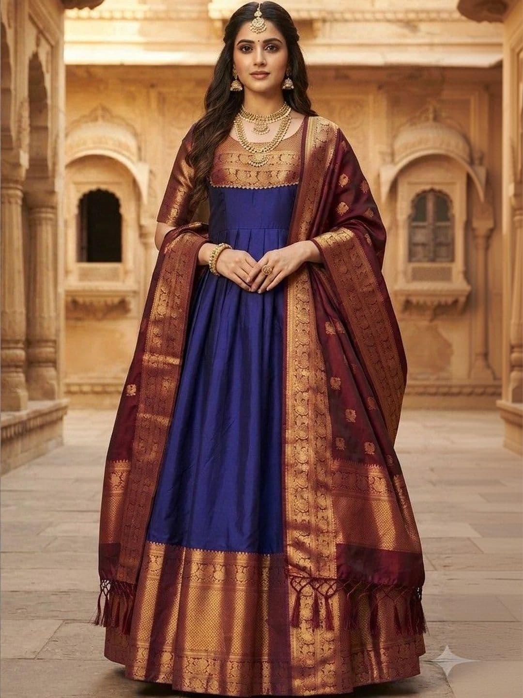 Kinjhit Fashion Embroidered Round Neck A-line Gown Dress thumbnail 3
