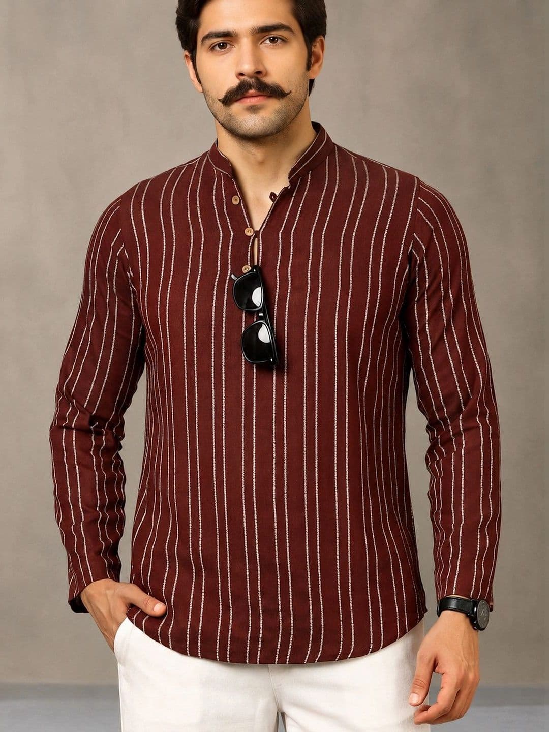 Navibhu Woven Design Striped Cotton Handloom Mandarin Collar Short Kurta thumbnail 5