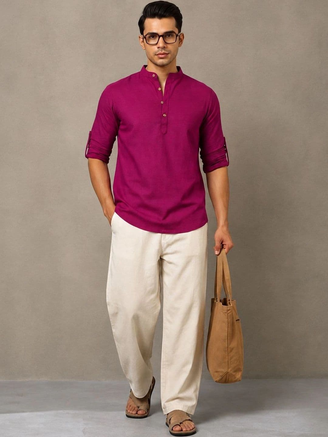 Navibhu Woven Design Solid Cotton Handloom Mandarin Collar Short Kurta - view 1