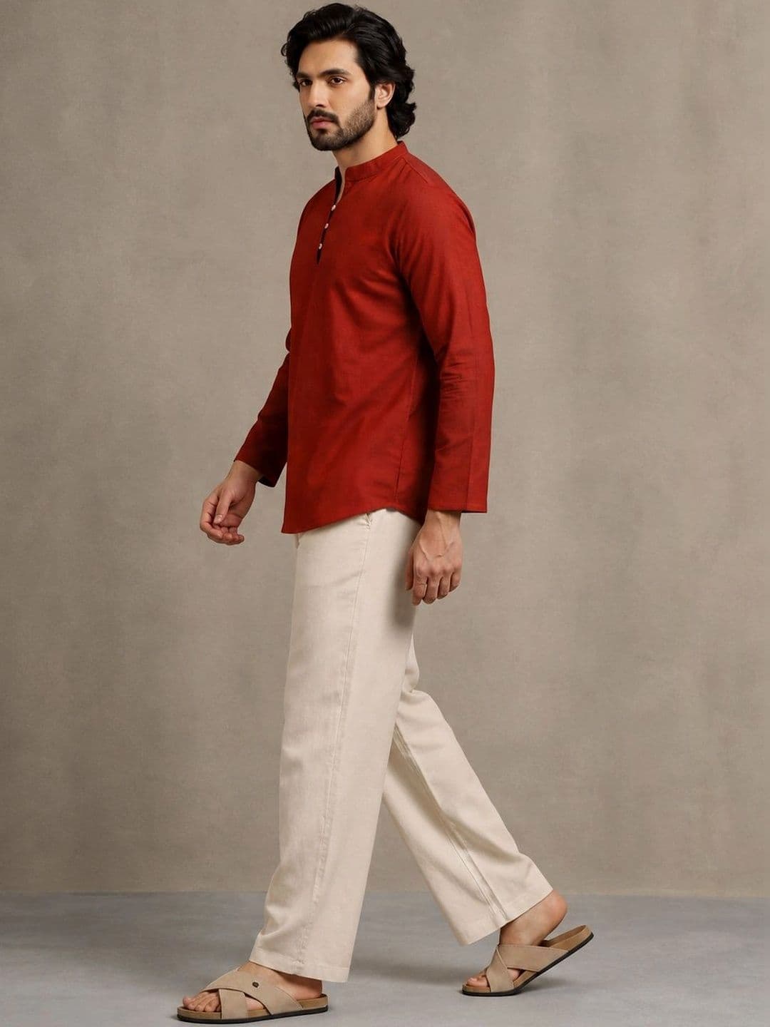 Navibhu Woven Design Solid Cotton Handloom Mandarin Collar Short Kurta thumbnail 2