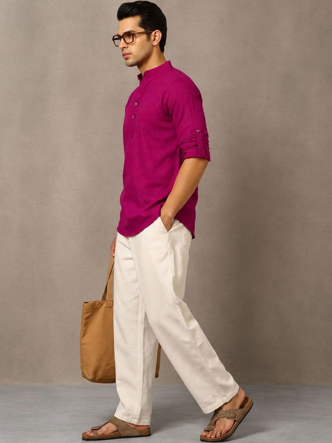 Navibhu Woven Design Solid Cotton Handloom Mandarin Collar Short Kurta thumbnail 6