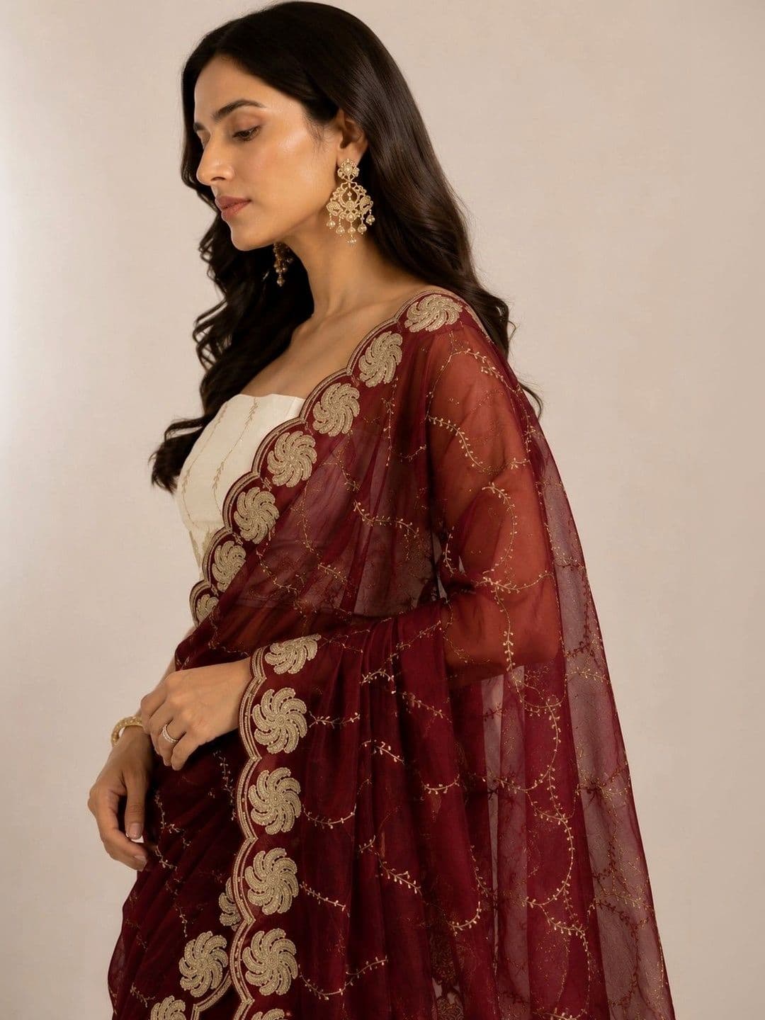 Sangria Floral Embroidered Satin Heavy Work Saree thumbnail 2