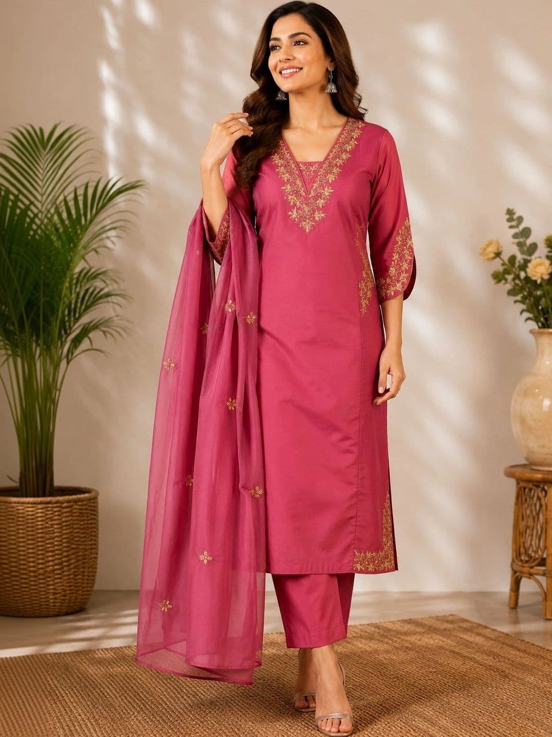 VASUPRADA Women Embroidered Thread Work Pure Cotton Kurta with Trousers & With Dupatta - view 1