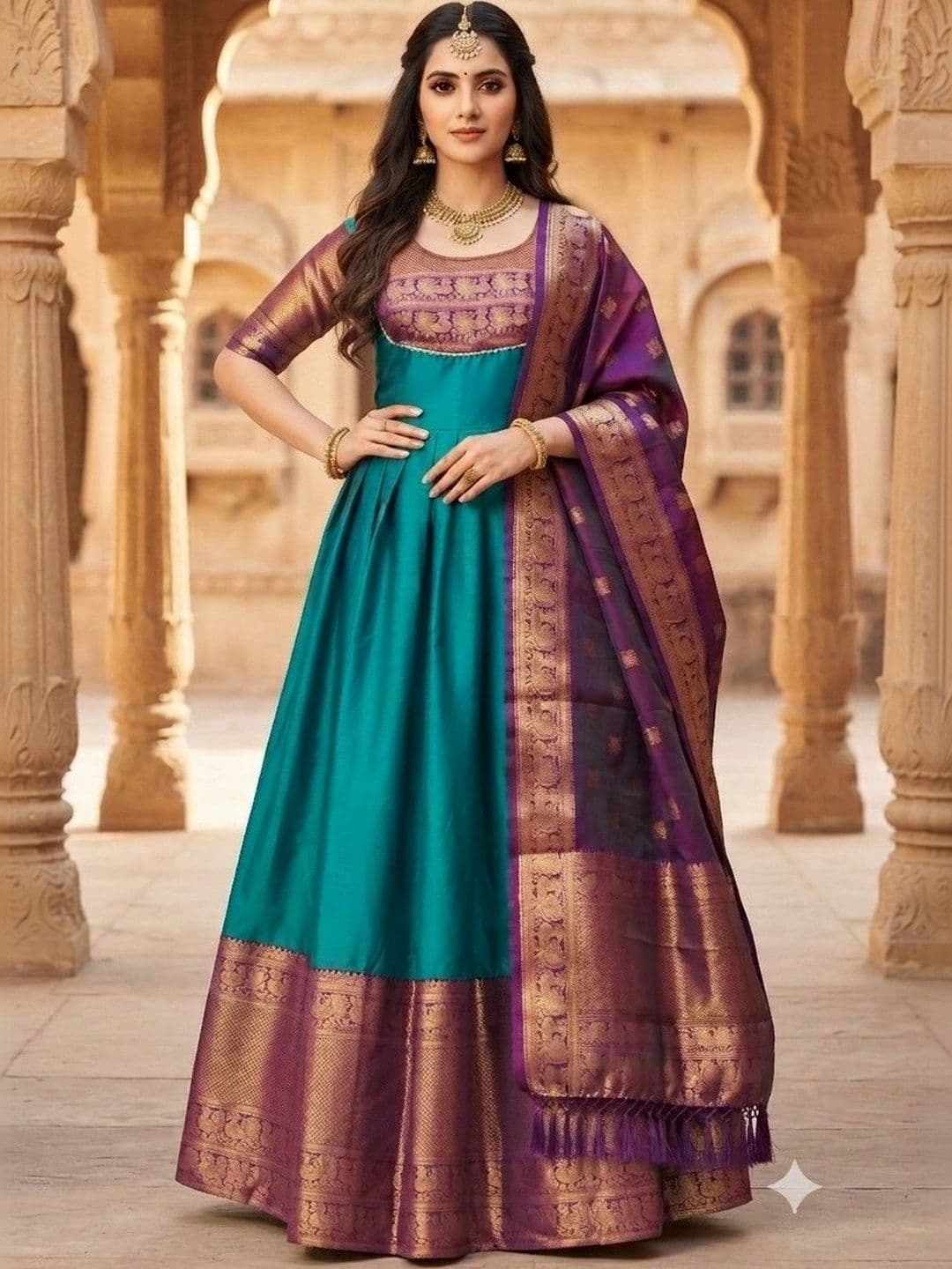 Kinjhit Fashion Embroidered Round Neck A-line Gown Dress - view 1