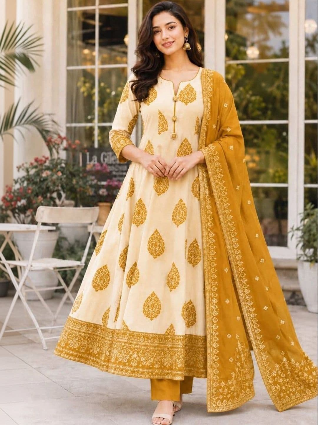 KALINI Women Ethnic Motifs Printed Angrakha Pure Cotton Kurta with Trousers & With Dupatta - view 1