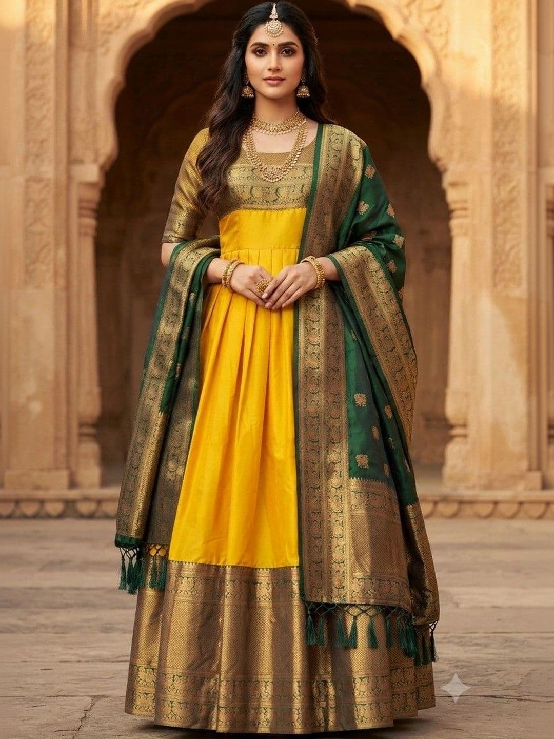 Kinjhit Fashion Embroidered Round Neck Jacquard A-line Gown Dress with Dupatta thumbnail 2