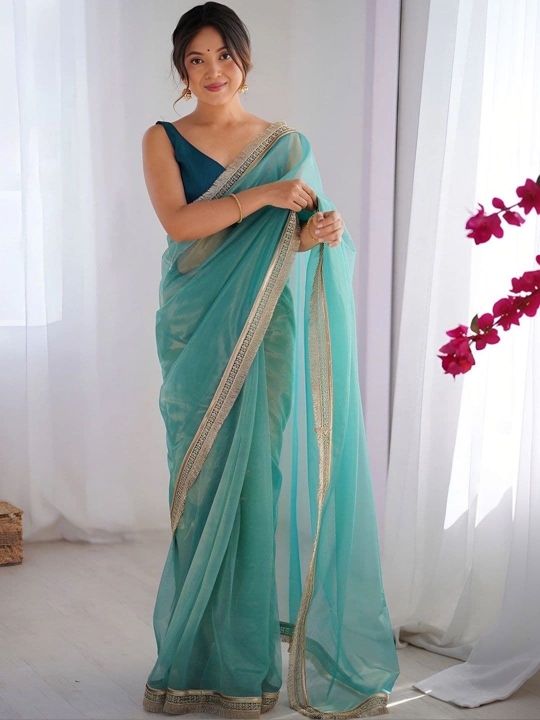 KALINI Women's Solid Sheer Net Saree with Zari Woven Border thumbnail 4