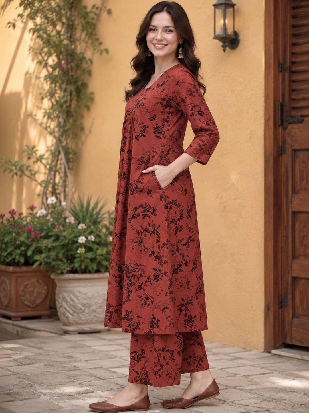 EVANORA Women Floral Printed Tiered Kurta with Palazzos thumbnail 3