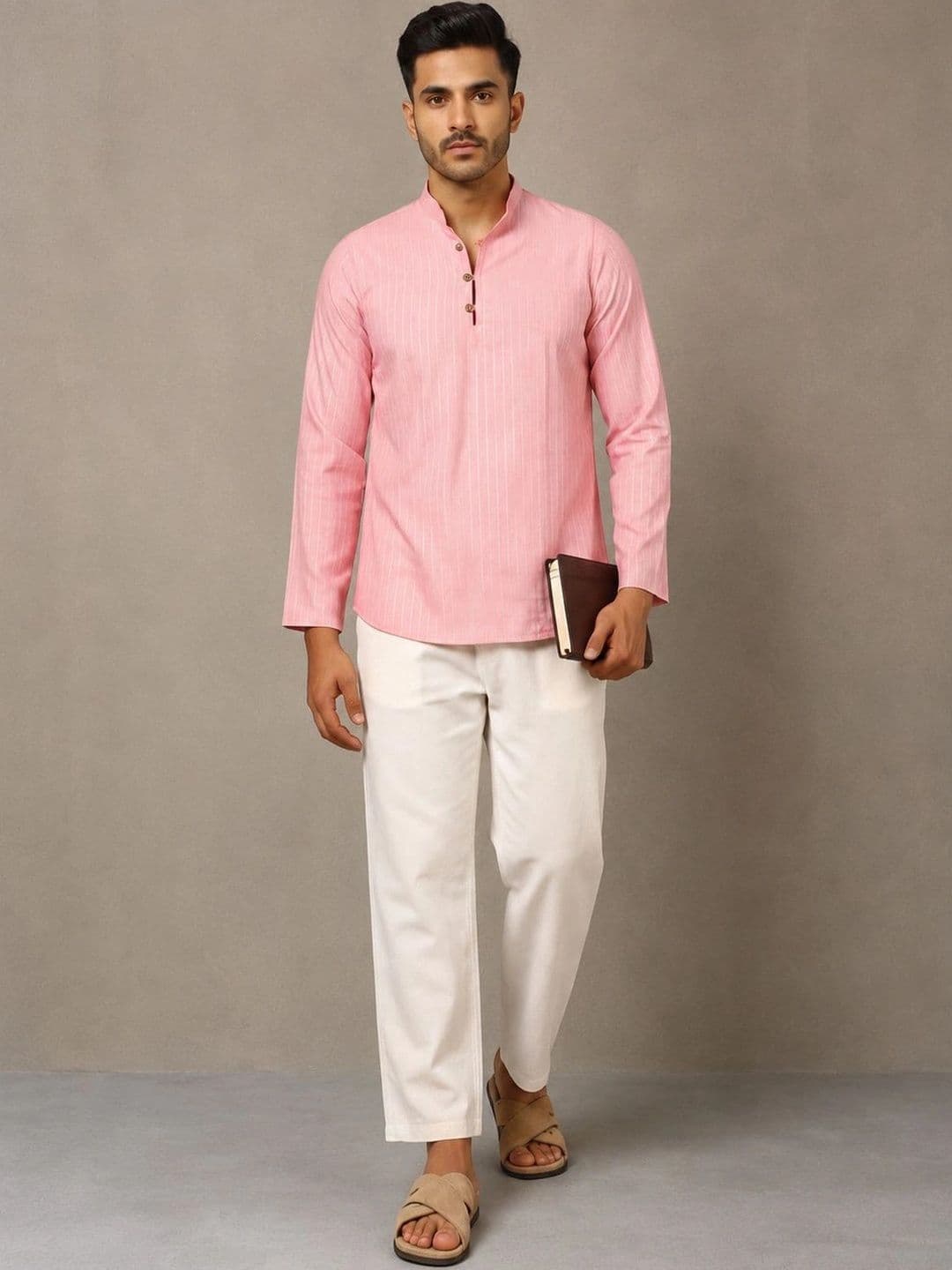 Navibhu Woven Design Solid Cotton Handloom Mandarin Collar Short Kurta - view 1