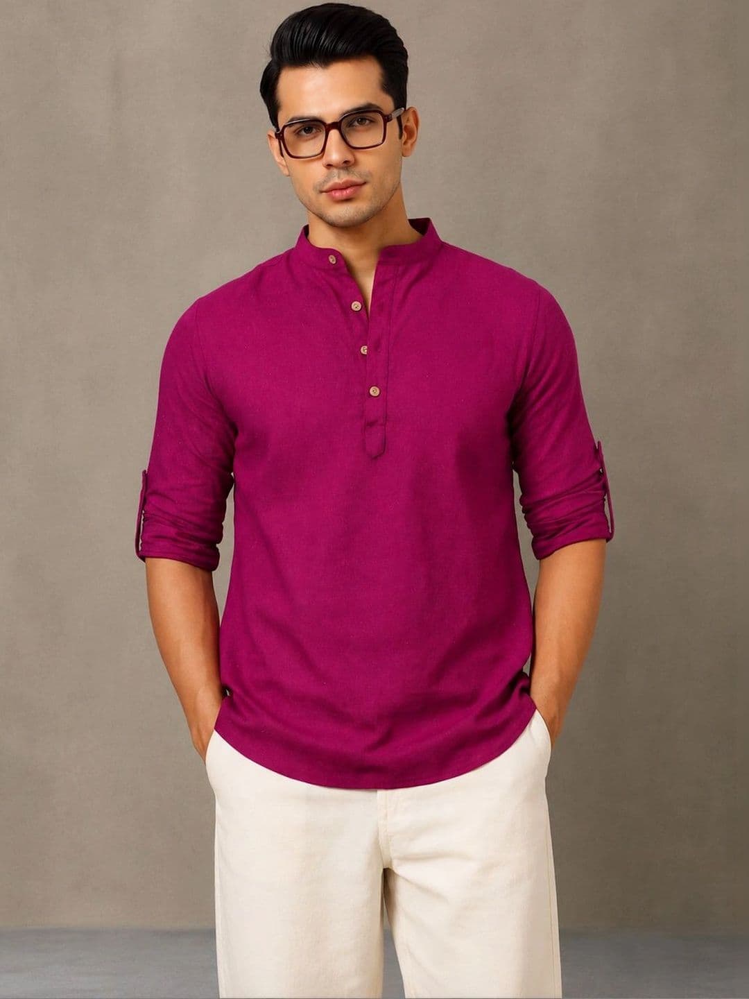 Navibhu Woven Design Solid Cotton Handloom Mandarin Collar Short Kurta thumbnail 5