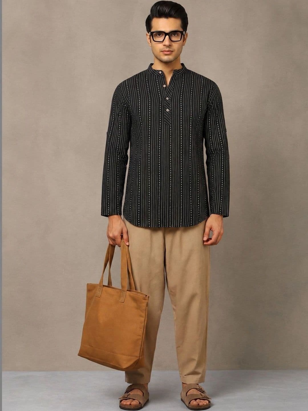 Navibhu Woven Design Abstract Cotton Handloom Mandarin Collar Short Kurta - view 1