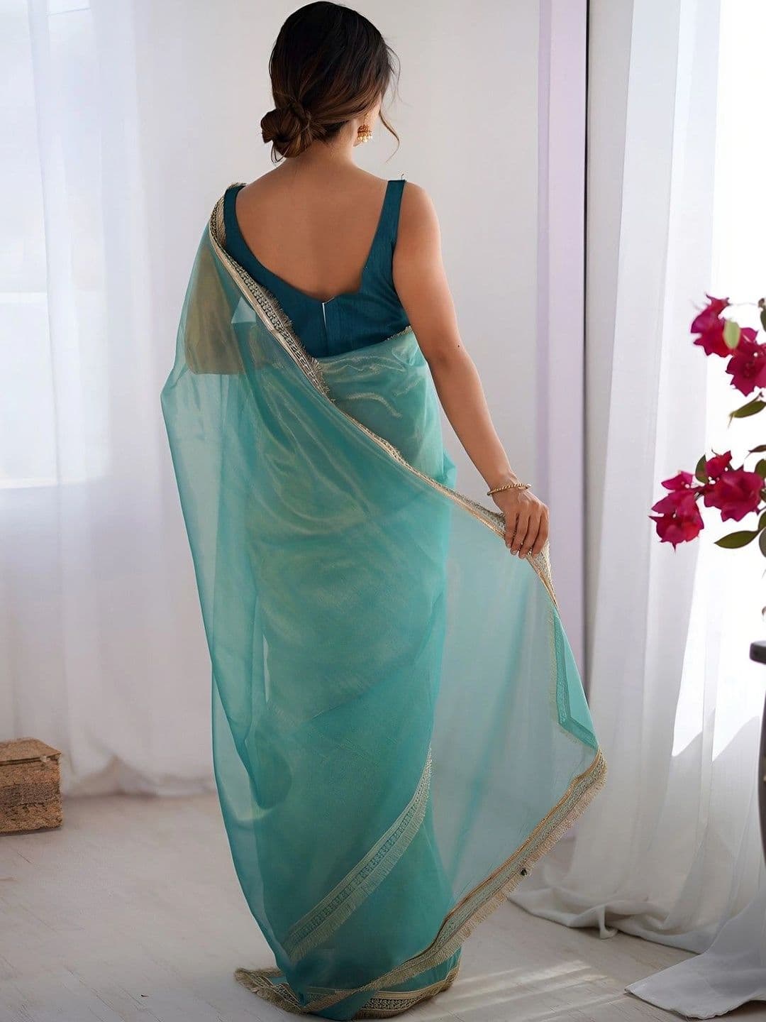KALINI Women's Solid Sheer Net Saree with Zari Woven Border thumbnail 2