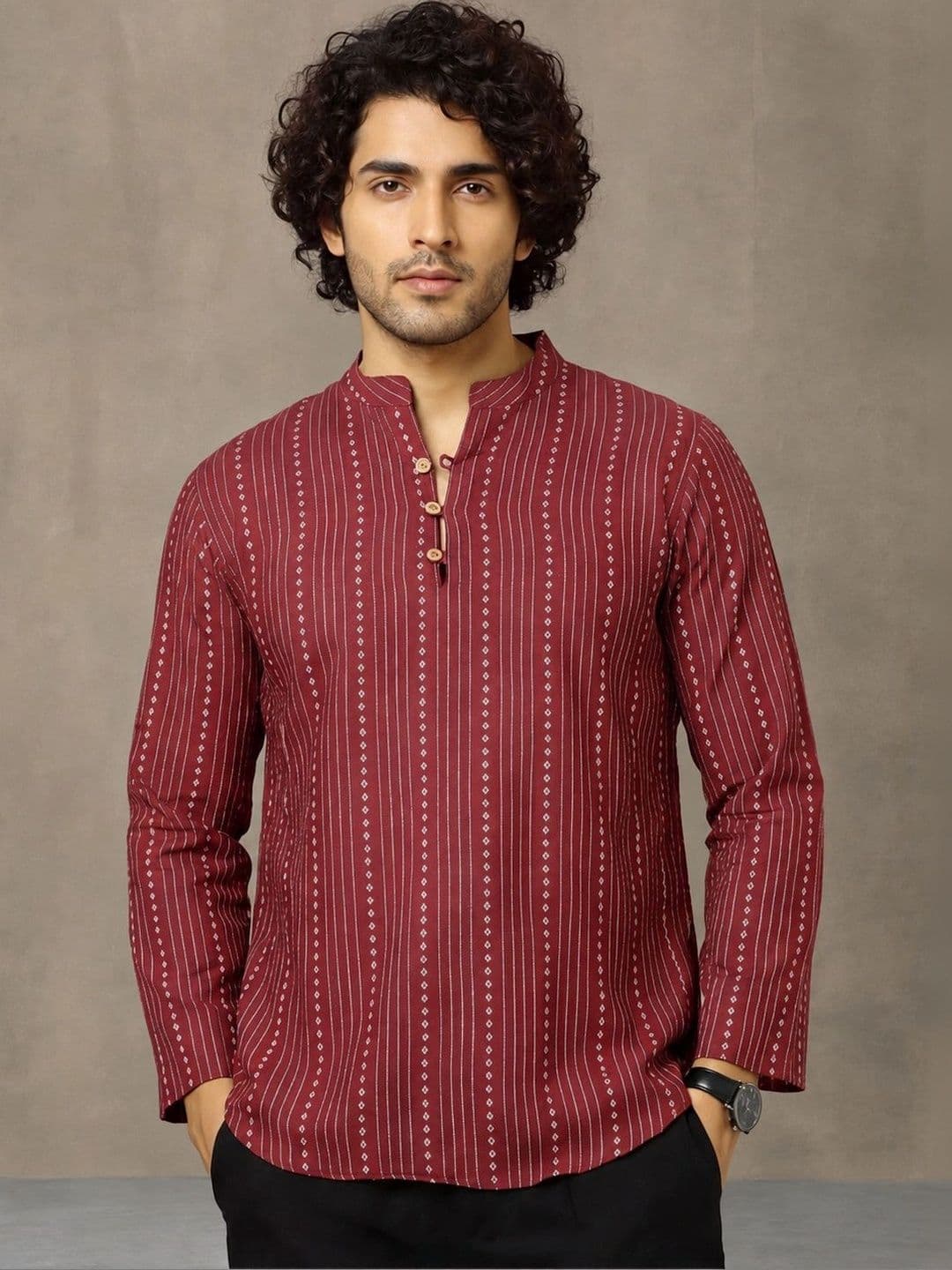 Navibhu Woven Design Striped Cotton Handloom Mandarin Collar Short Kurta thumbnail 2