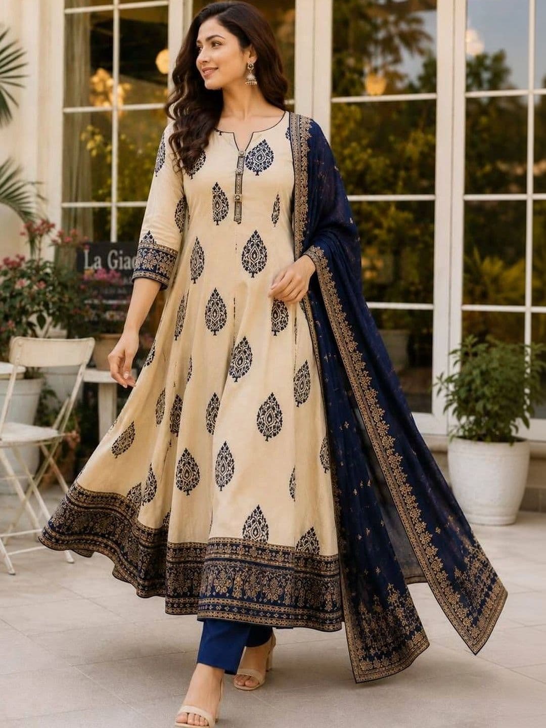 JAIMINI Women Ethnic Motifs Printed Angrakha Pure Cotton Kurta with Trousers & With Dupatta thumbnail 3