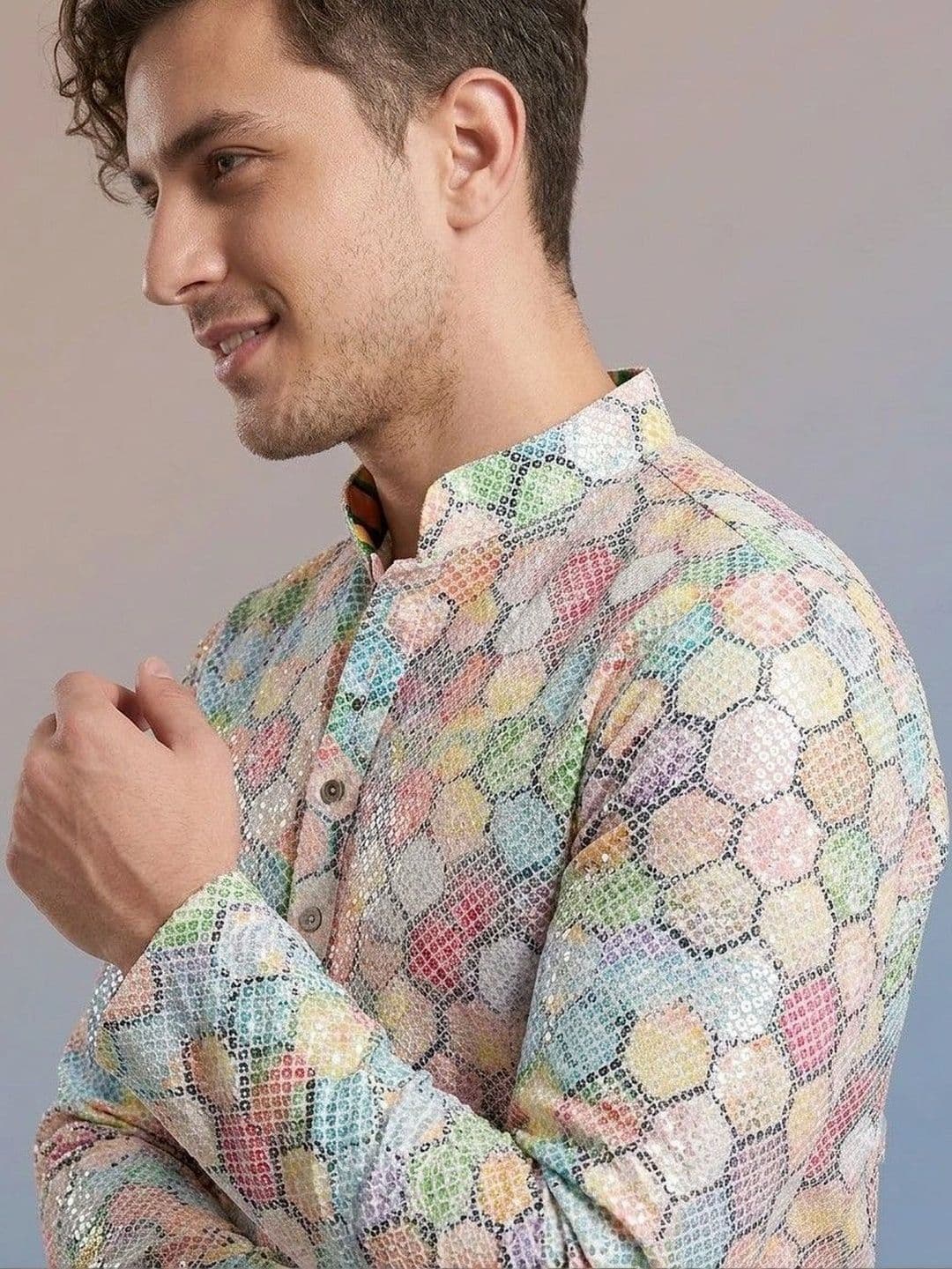 Rajkuwar Men Geometric Embellished Sequinned Kurta thumbnail 2