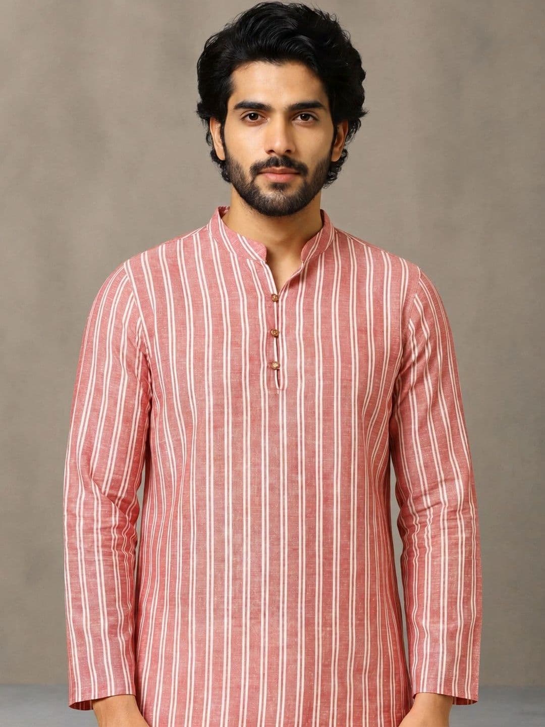 Navibhu Woven Design Striped Cotton Handloom Mandarin Collar Short Kurta thumbnail 2