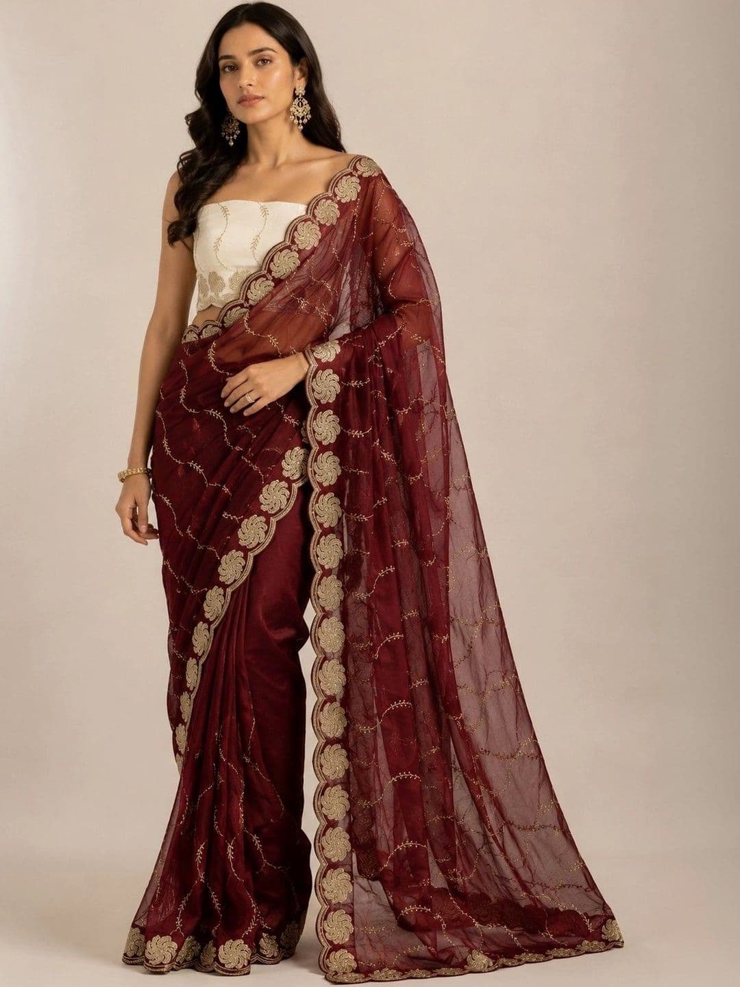 Sangria Floral Embroidered Satin Heavy Work Saree - view 1