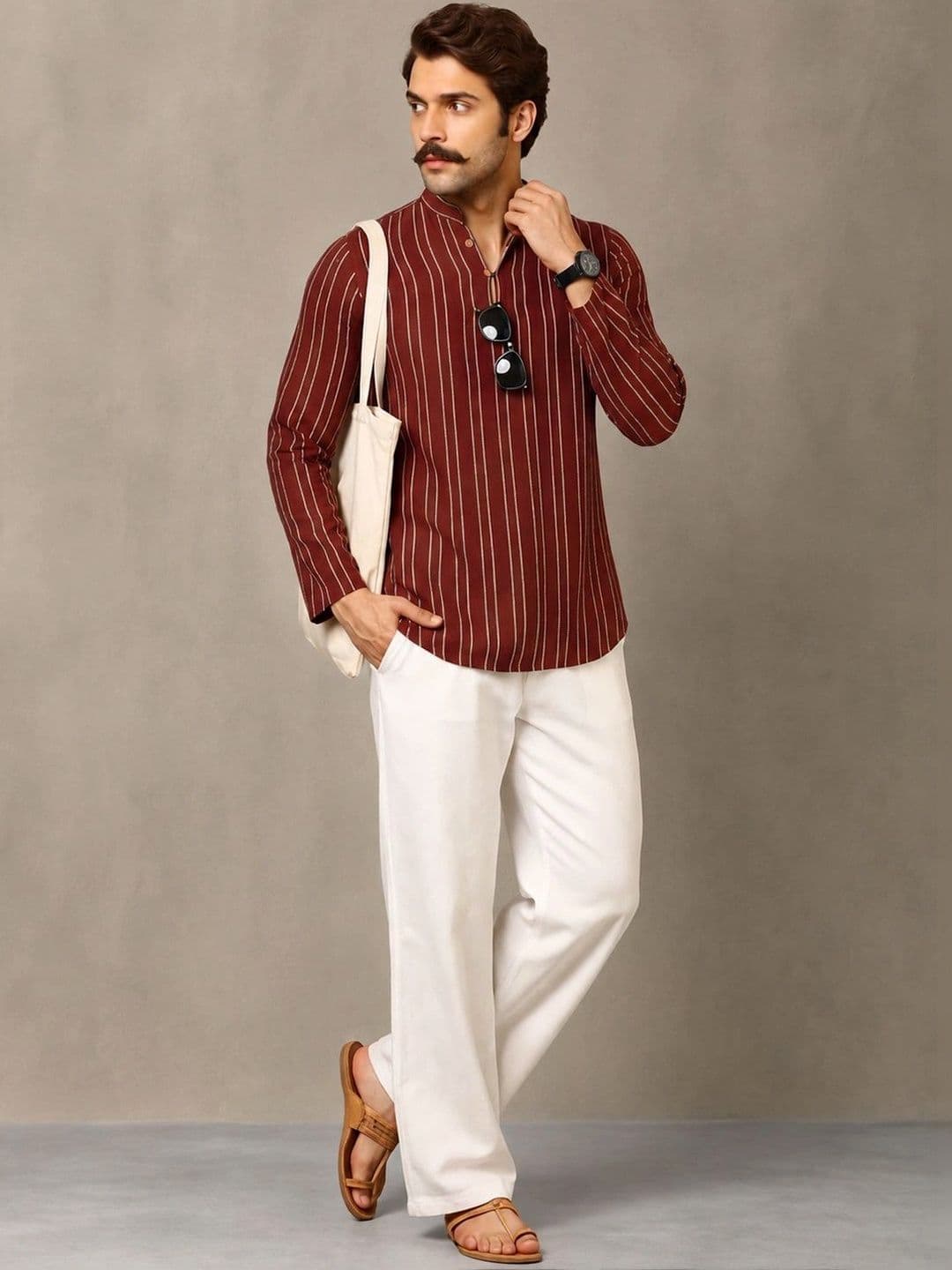 Navibhu Woven Design Striped Cotton Handloom Mandarin Collar Short Kurta - view 1