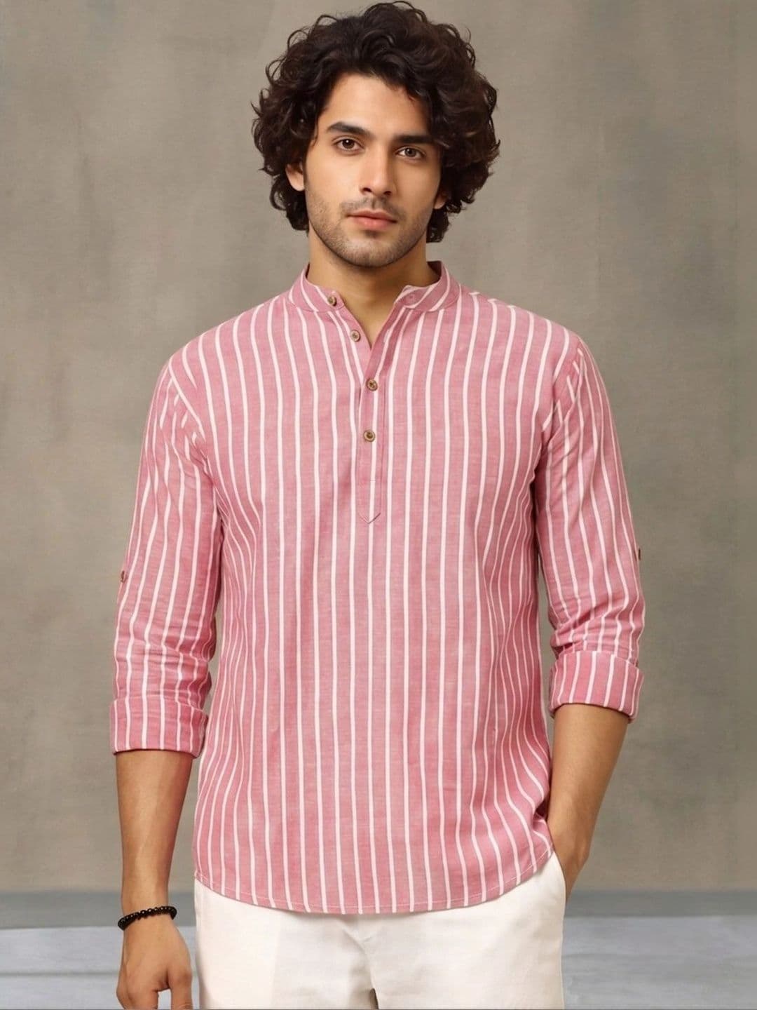 Navibhu Woven Design Striped Cotton Handloom Mandarin Collar Short Kurta thumbnail 5