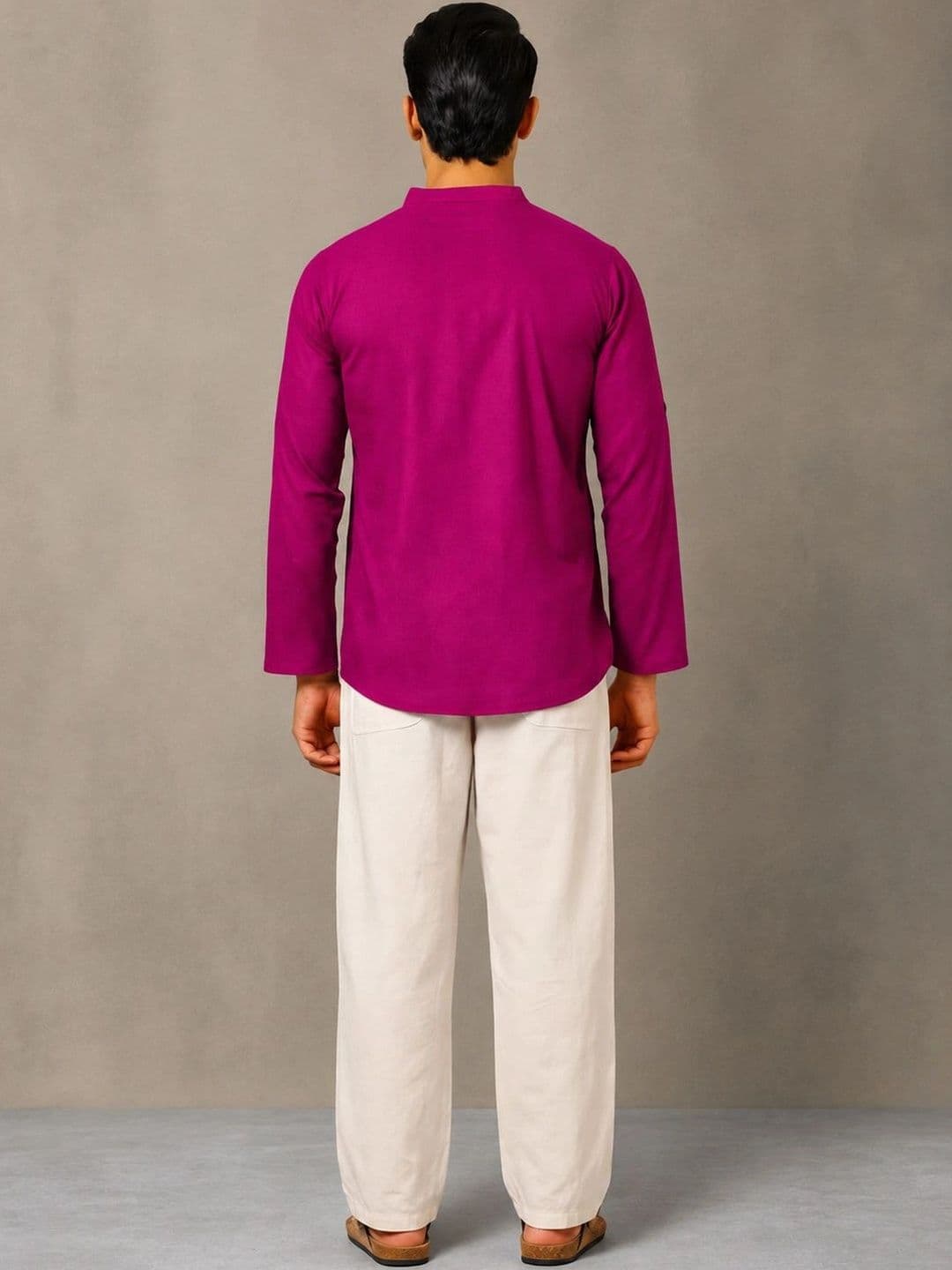 Navibhu Woven Design Solid Cotton Handloom Mandarin Collar Short Kurta thumbnail 3
