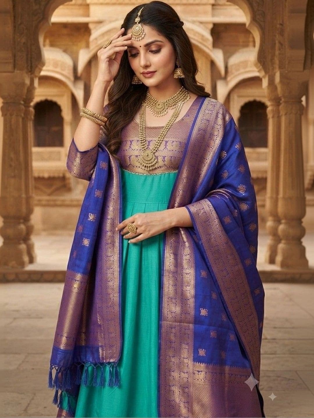Kinjhit Fashion Embroidered Round Neck A-line Gown Dress thumbnail 3