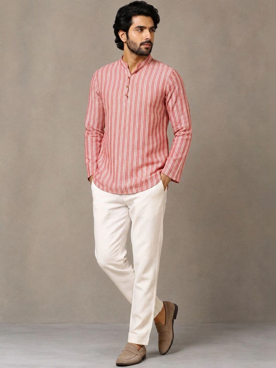 Navibhu Woven Design Striped Cotton Handloom Mandarin Collar Short Kurta - view 1