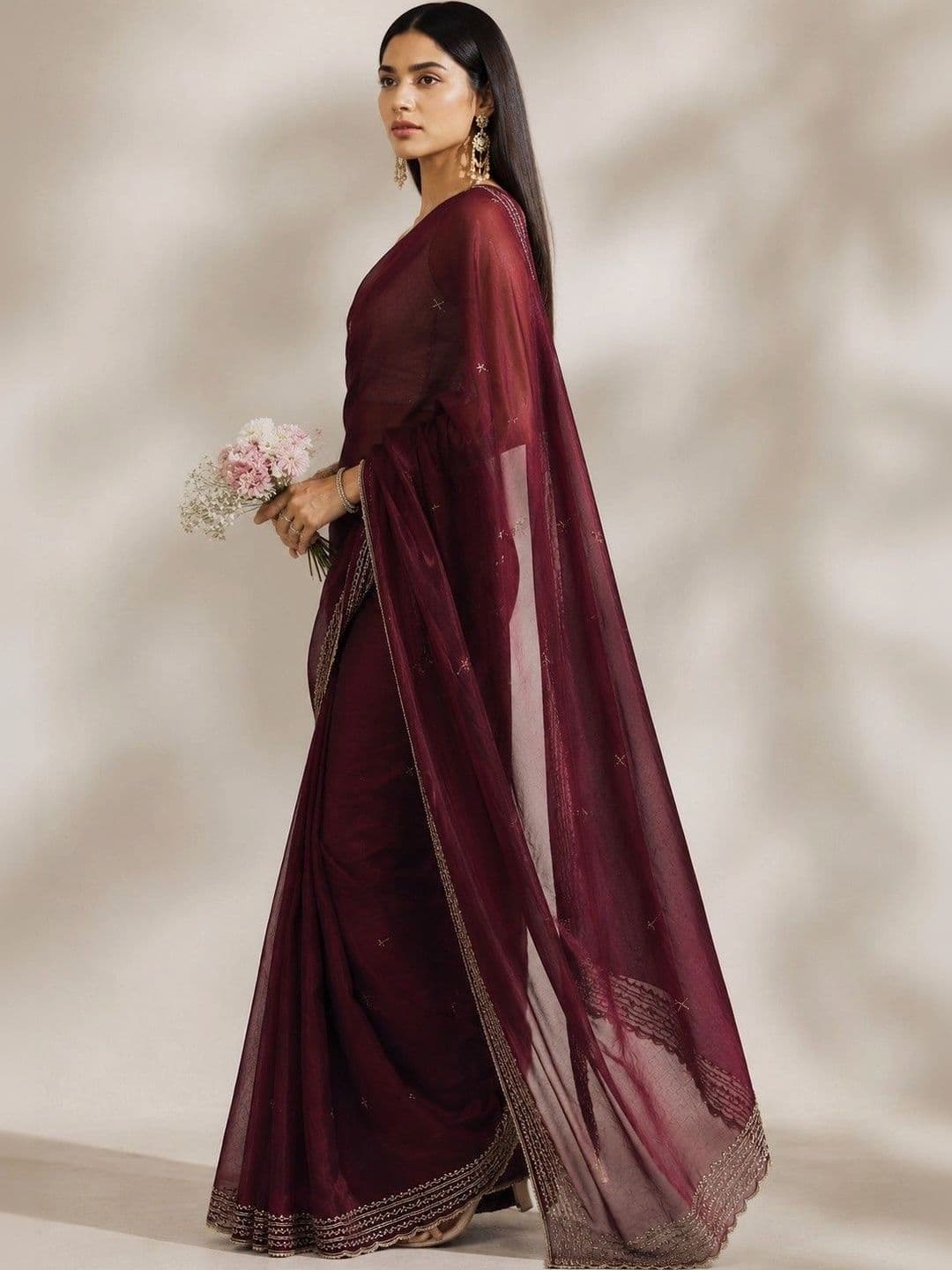 Sangria Floral Embroidered Satin Heavy Work Saree thumbnail 3