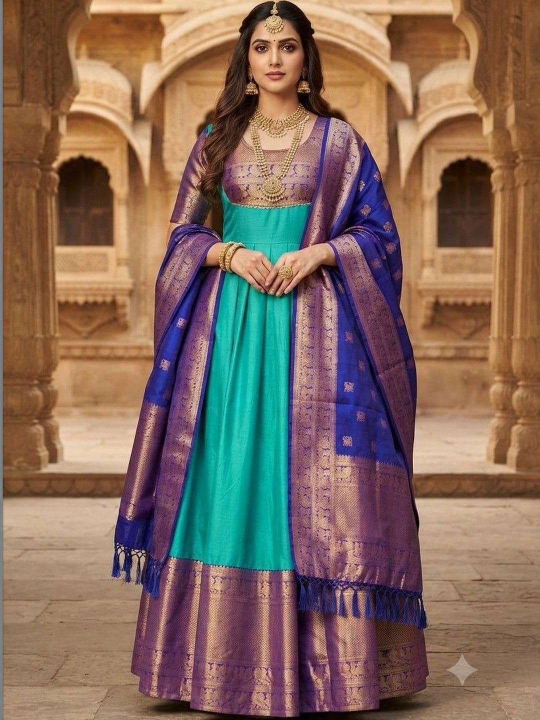Kinjhit Fashion Embroidered Round Neck A-line Gown Dress thumbnail 2