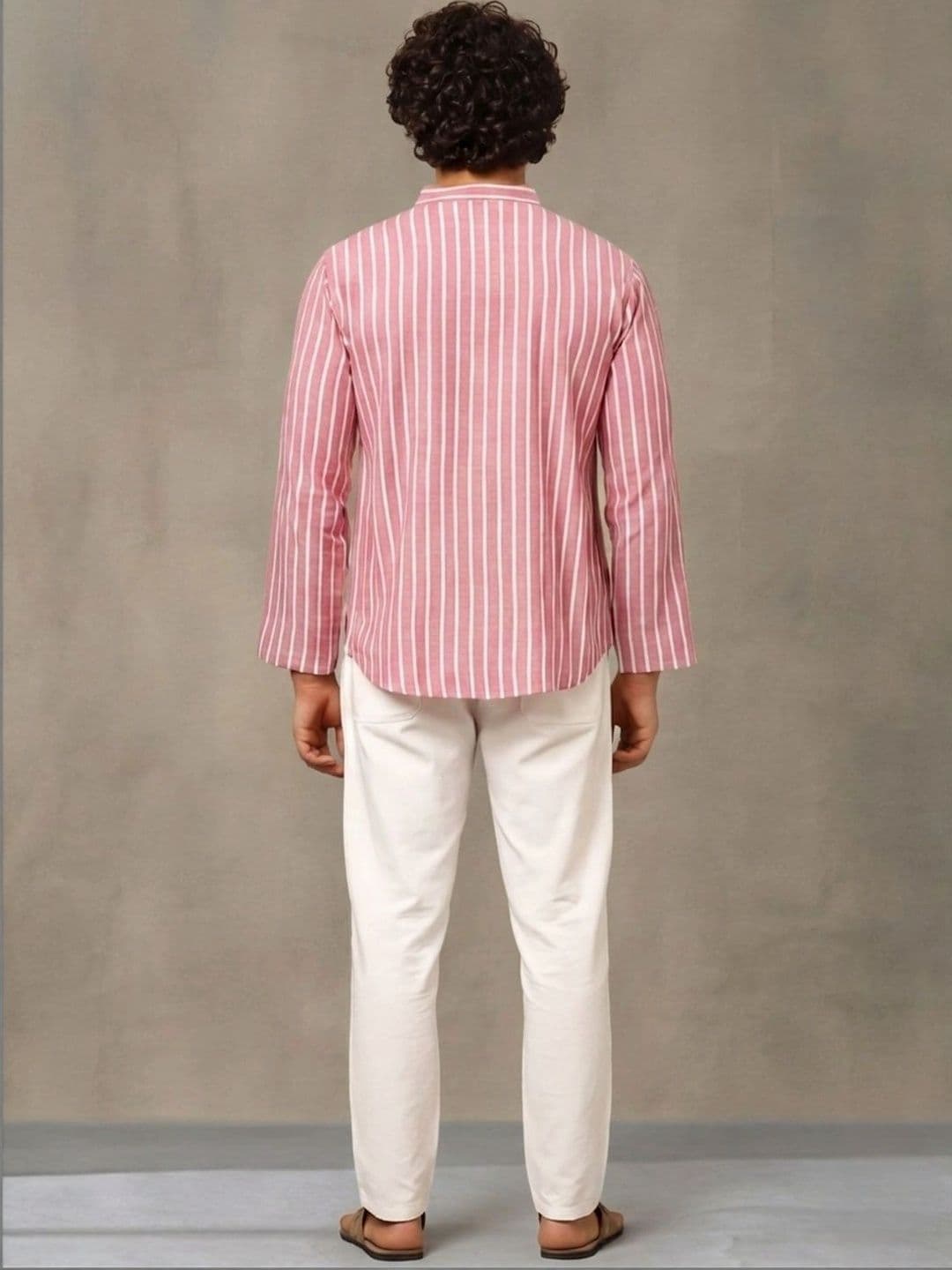 Navibhu Woven Design Striped Cotton Handloom Mandarin Collar Short Kurta thumbnail 2