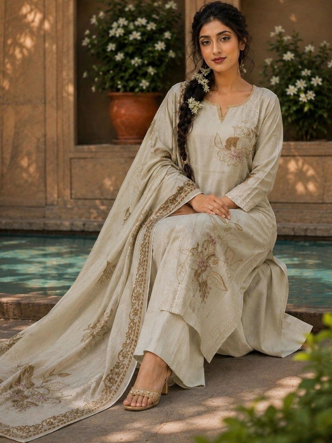 ETHONEA Women Floral Embroidered Regular Thread Work Pure Silk Kurta with Trousers & With Dupatta thumbnail 7